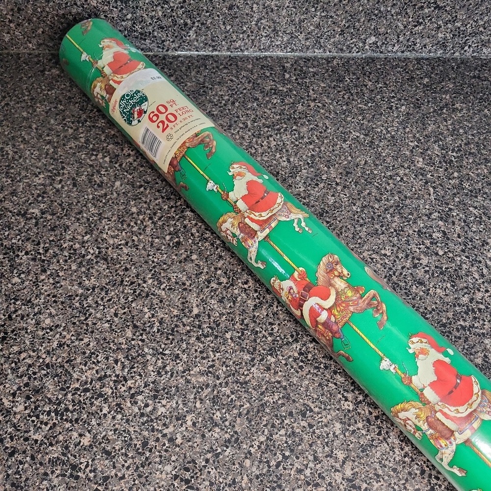 VINTAGE‎ 90's Santa Clause Christmas Wrapping Paper Carousel Horses Giordano